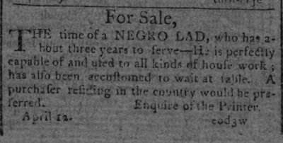 1798 Philadelphia ad to sell an enslaved Black child.